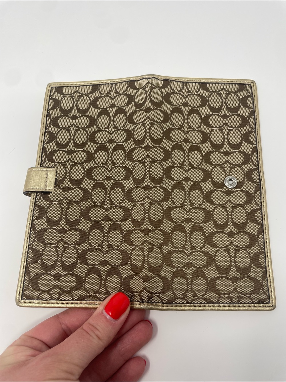 Coach Signature Tan Canvas Gold Leather Trim Credit Card Bifold Wallet - Picture 3 of 4